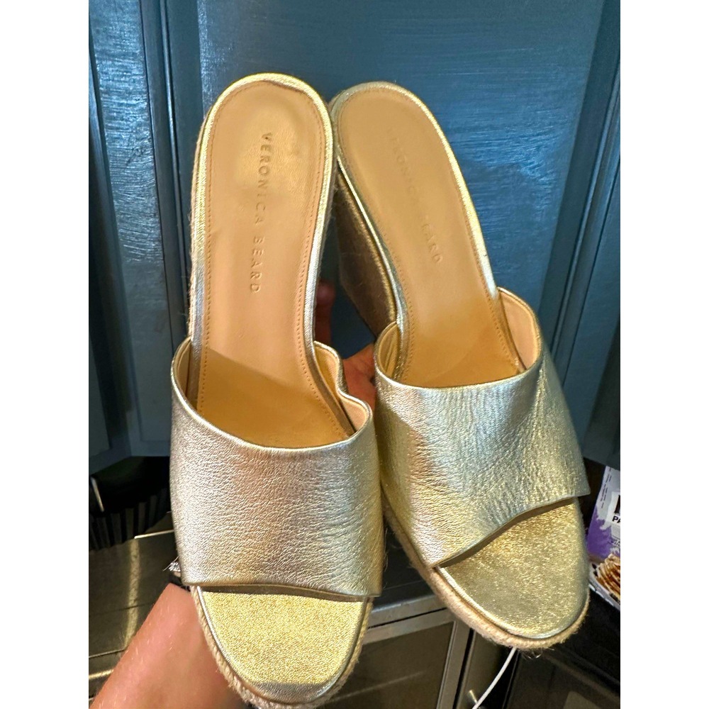 Veronica Beard Women's Gold Espadrille Wedge Slide Sandals Solid Cotton 10